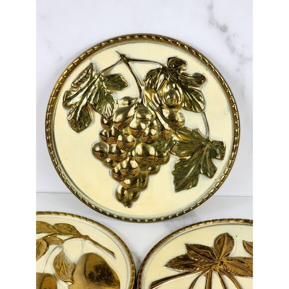 Elpec England Brass Embossed Fruit Wall Hanging Plaques 7 1/2" Home Decor 80s x4 - Picture 2 of 16